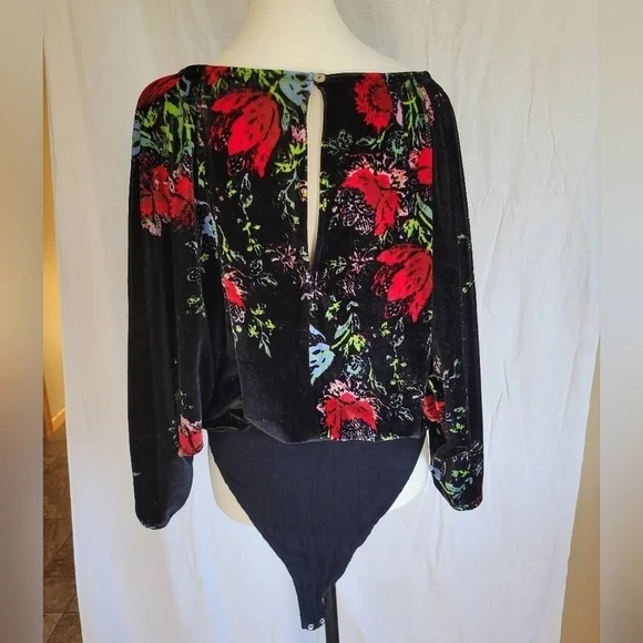 Intimately Free People black floral velour batwing snap bottom bodysuit S